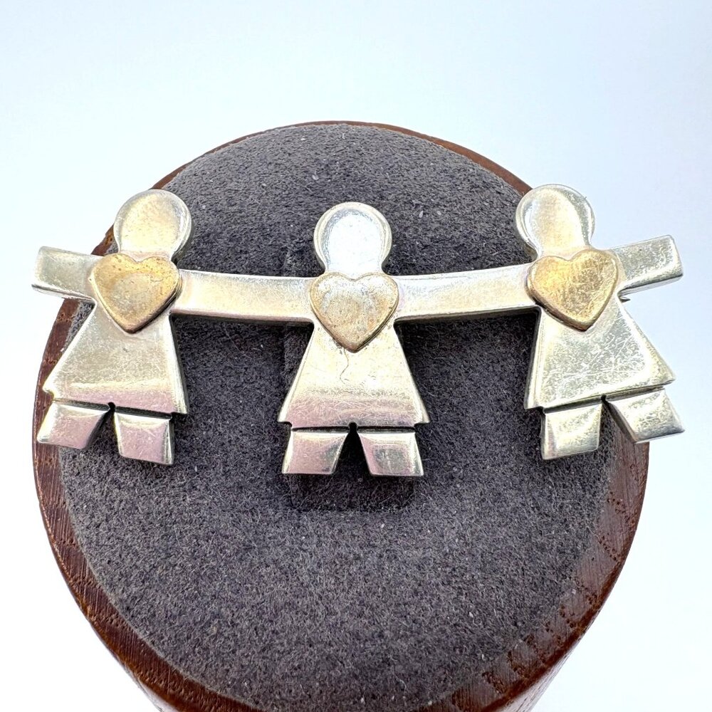 Paper Dolls Heart Design Brooch VTG Sterling Silver 925 Size 1.75" Length